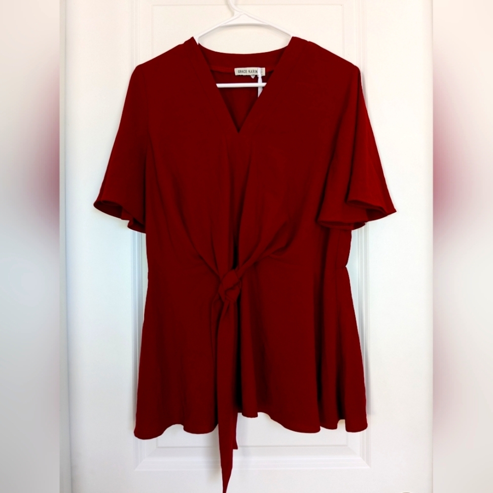 Grace Karin Elegant V Neck Red Blouse w/Elastic Waist Size Large NWT